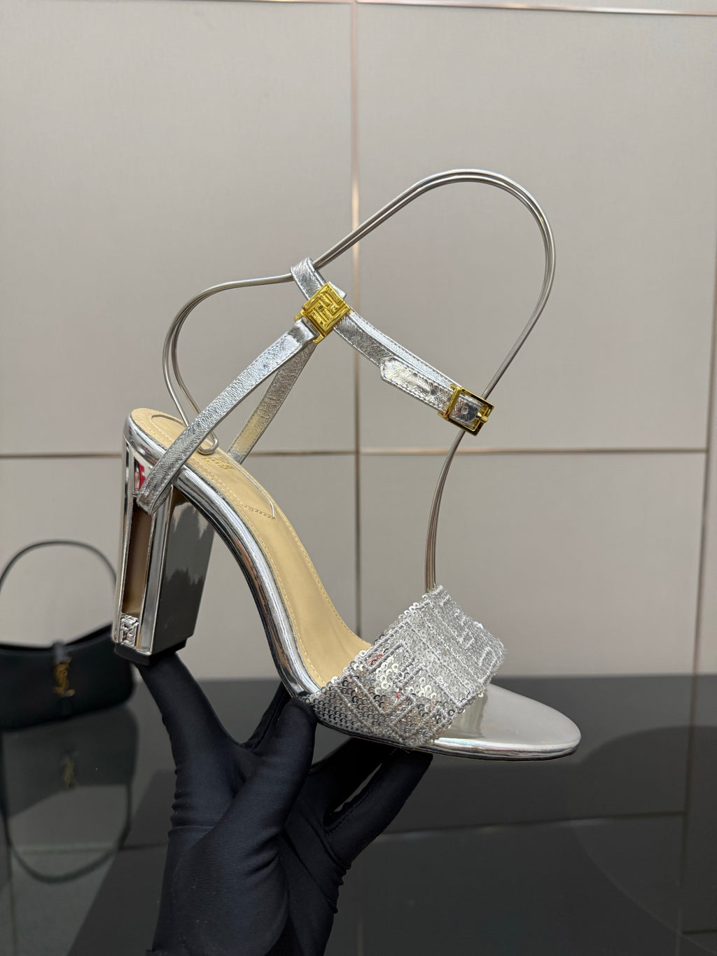 Fendi ladies silver heeled sandals with clear straps and tall gold heel