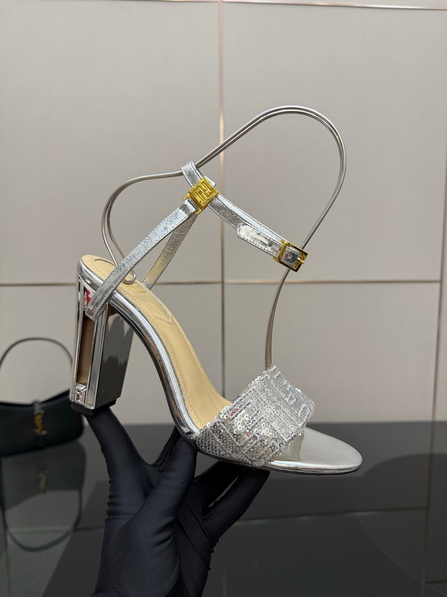 Fendi ladies silver heeled sandals with clear straps and tall gold heel