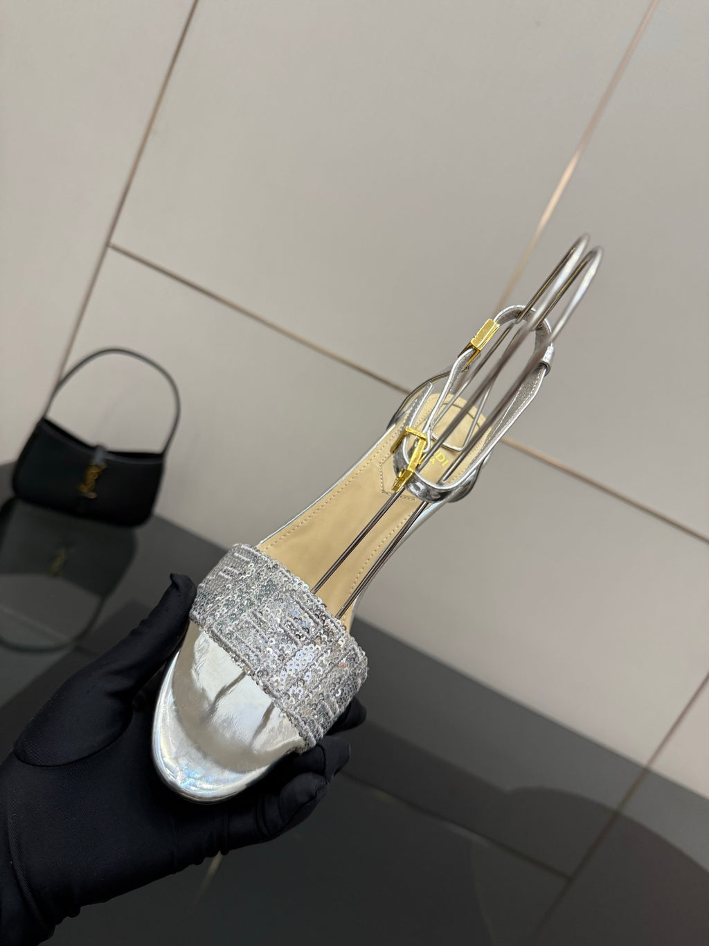 Fendi ladies silver open-toe heeled sandal with clear straps and gold hardware