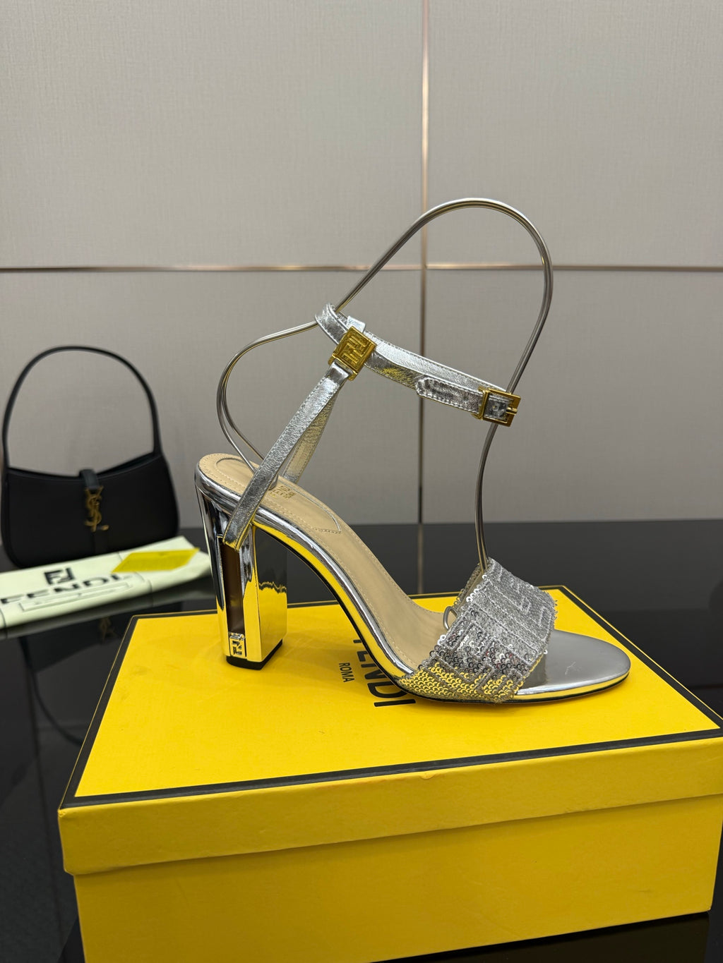 Fendi ladies silver heeled sandal with clear ankle strap and gold heel