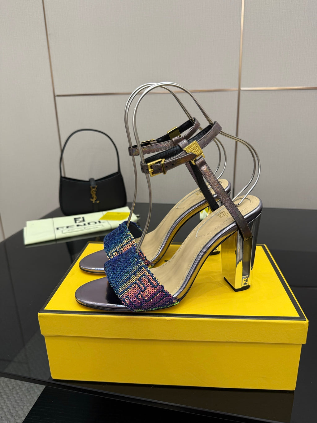 Fendi heeled sandals with multicolor knit strap detail and tall silver heels