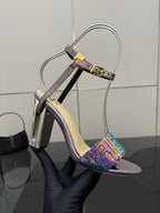 Fendi heeled sandals, multicolor knit ankle cuff and dark straps with gold accents