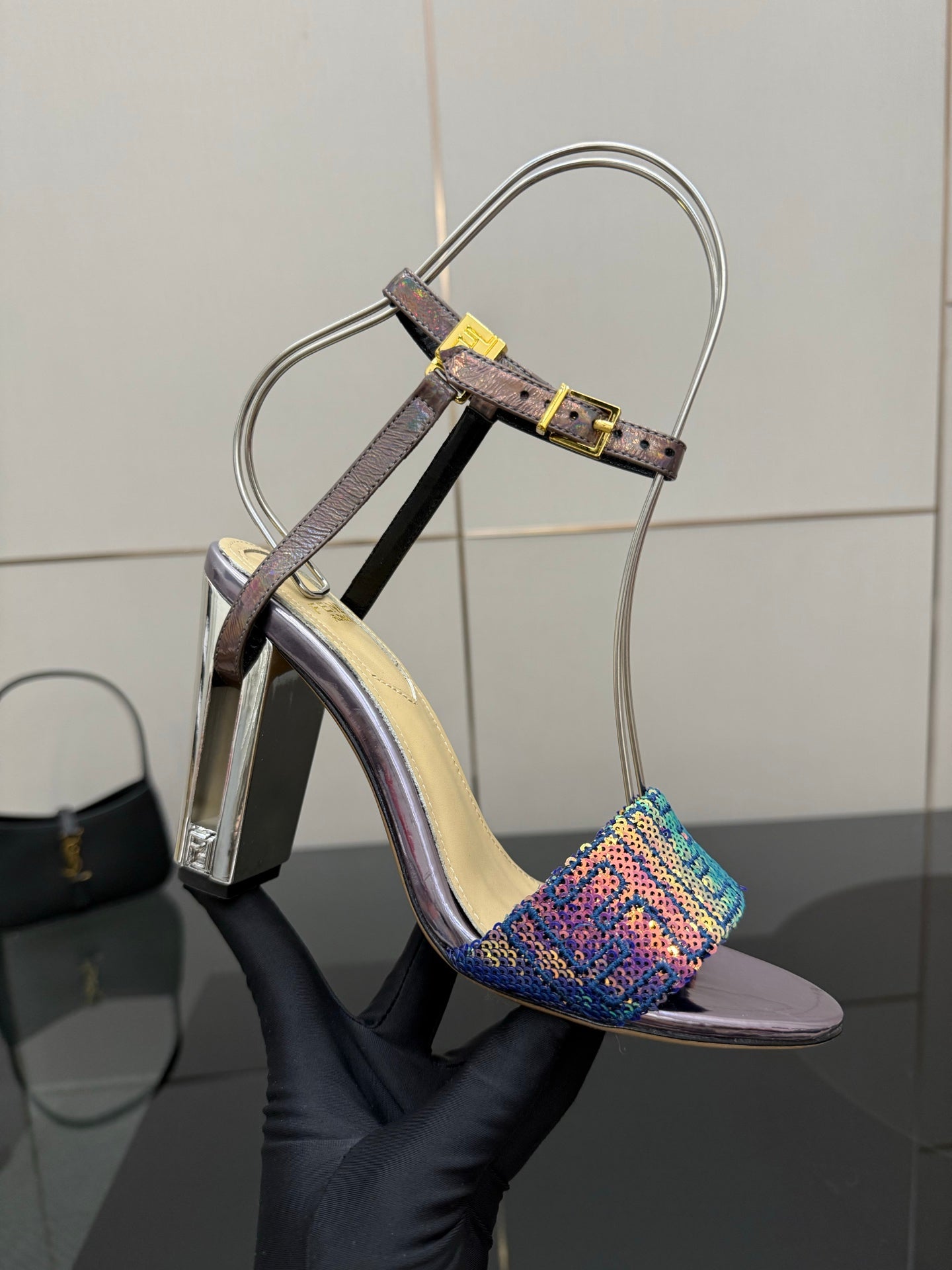 Fendi heeled sandals, multicolor knit ankle cuff and dark straps with gold accents