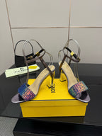 Fendi heeled sandals with multicolor knit ankle cuff and glossy dark straps