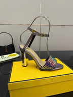Fendi heeled sandal with multicolor knit ankle cuff on tall stiletto heel