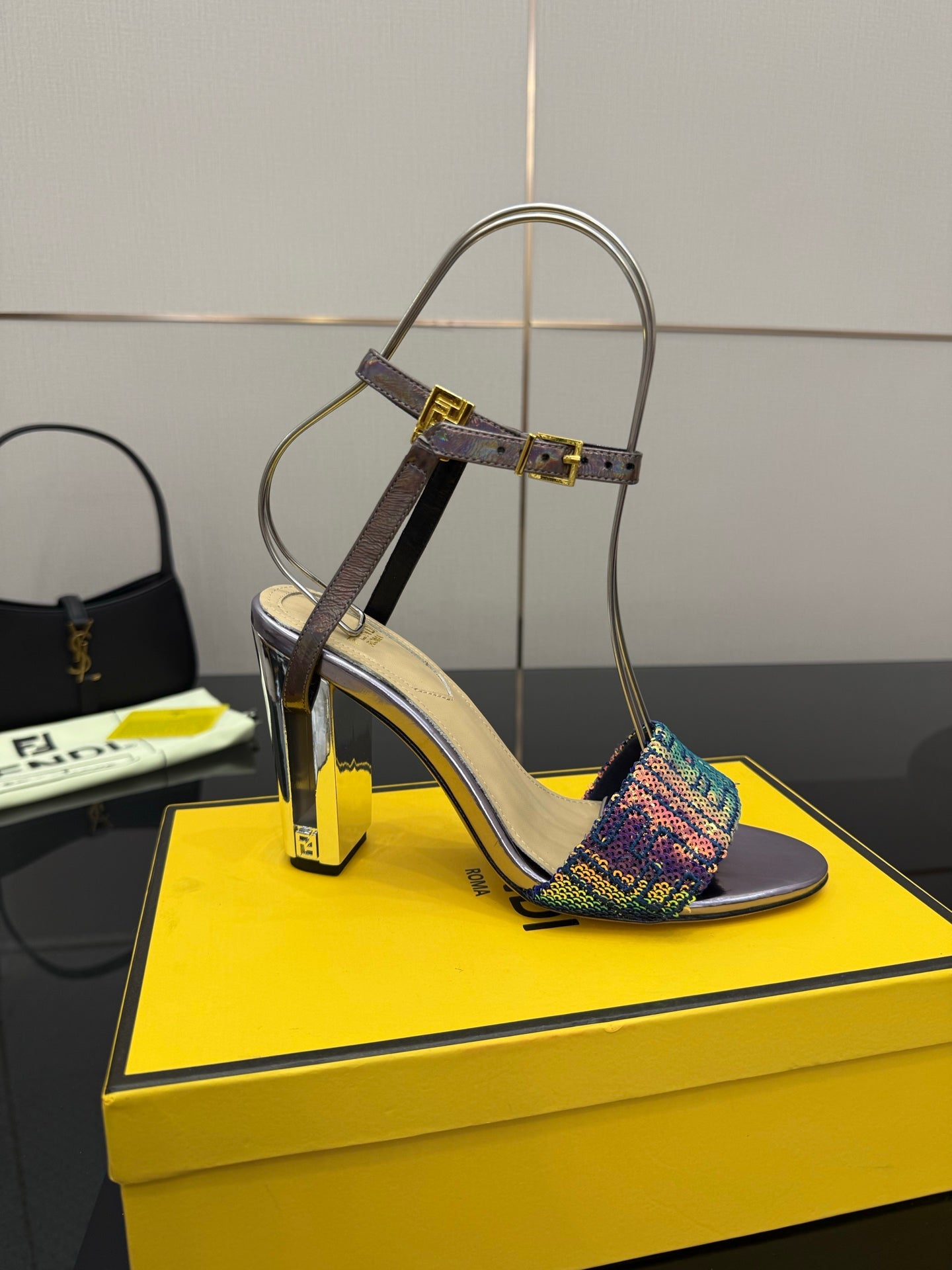 Fendi heeled sandal with multicolor knit ankle cuff on tall stiletto heel