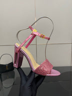 Pink strappy high-heel sandal with glitter ankle cuff and chunky heel