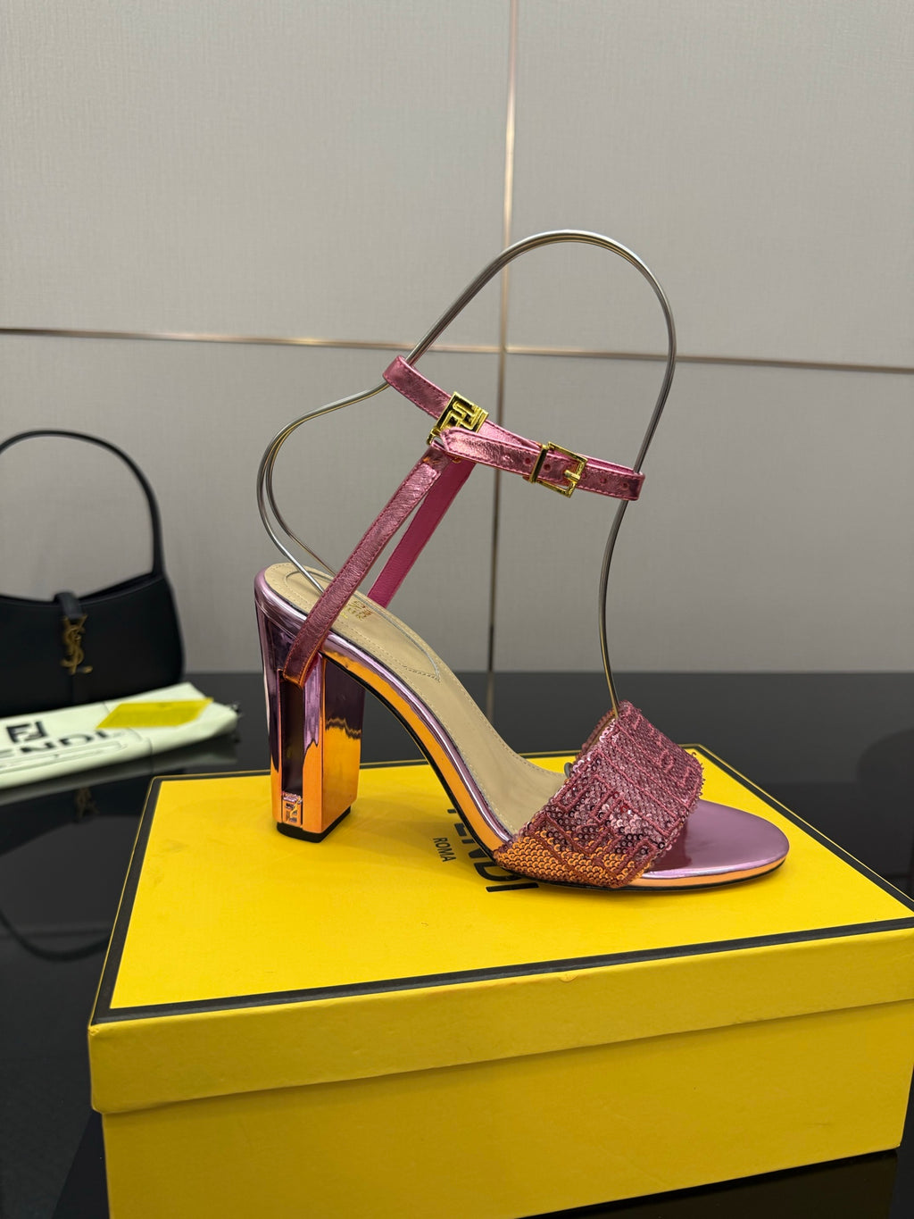 Pink strappy high-heel sandal with glitter cuff and gold buckle