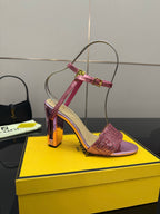 Pink strappy high-heel sandal with glitter cuff and gold buckle
