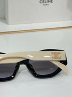 Celine sunglasses side view with beige temples, dark lenses, and gold crest logo