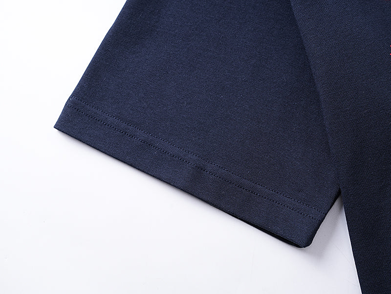 Navy T-shirt sleeve and hem with double-stitched finish