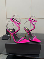 Womens YSL strappy stiletto heels: hot pink, black straps, gold-tone heel