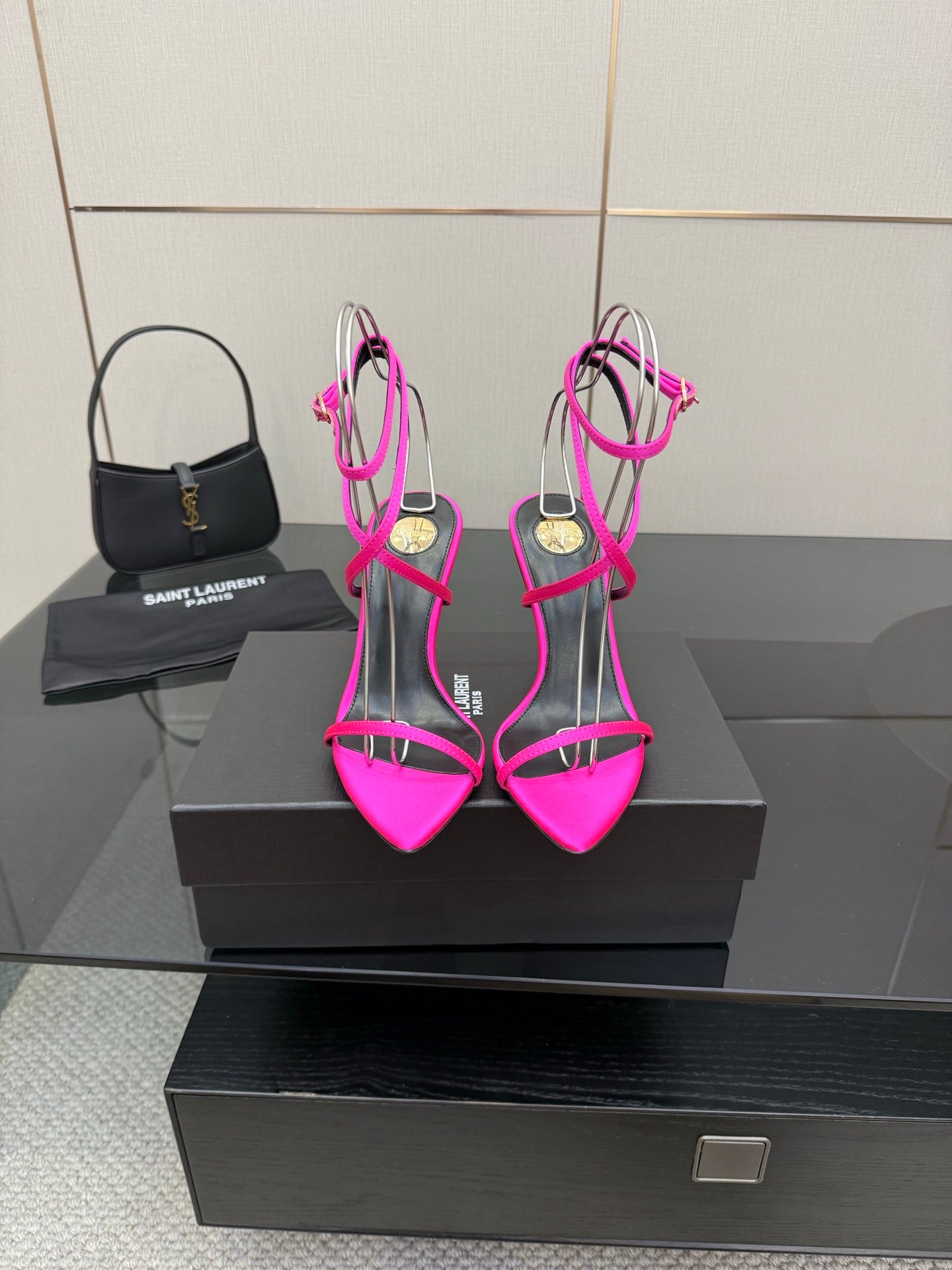 Womens YSL strappy stiletto heels, hot pink straps with clear ankle ring detail