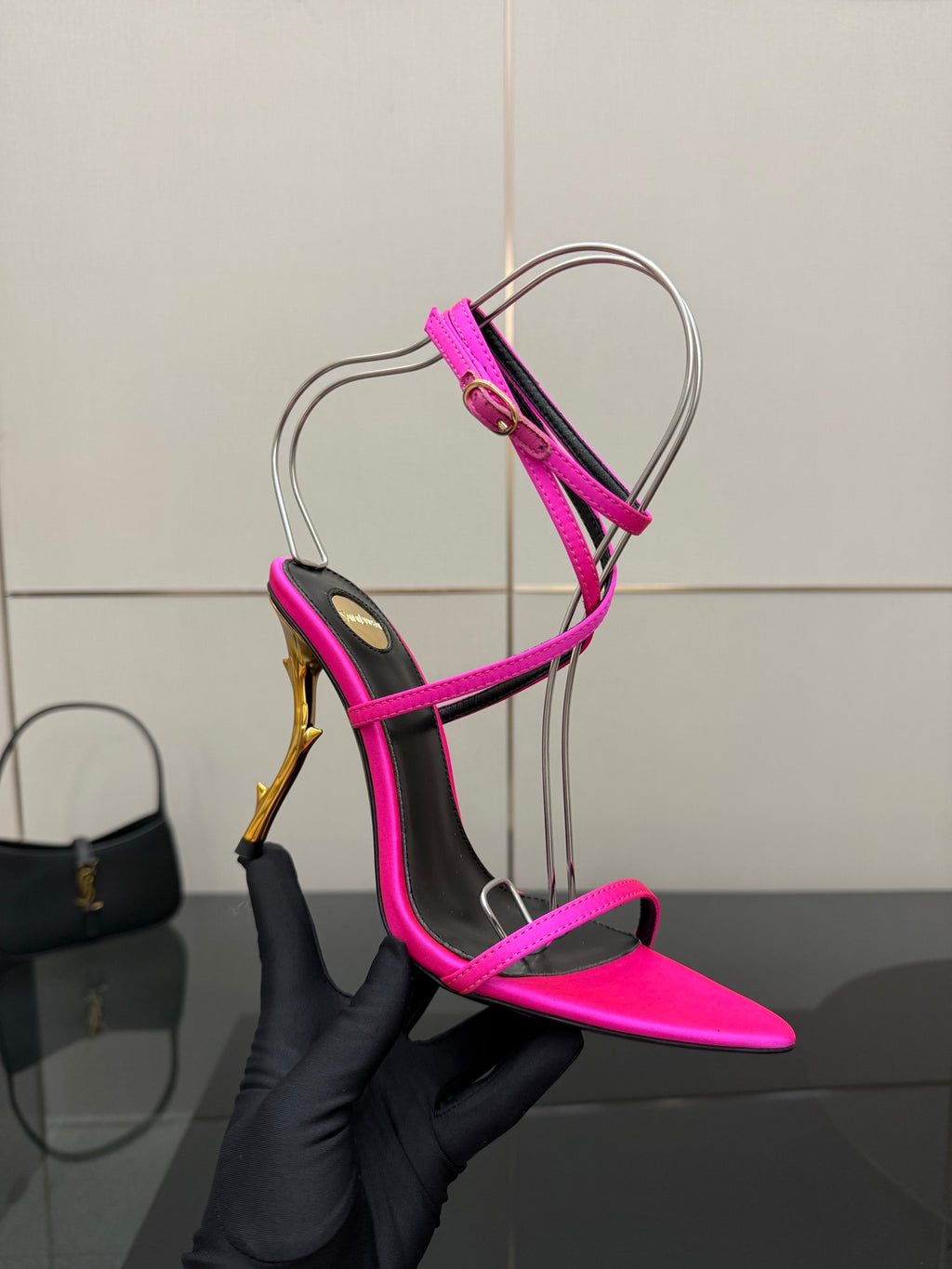 Womens YSL strappy stiletto heel, hot pink toe with black straps and gold heel