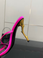 Womens YSL stiletto heel cap, gold-tone with hot pink strap
