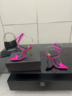 Womens YSL strappy stiletto heels, hot pink with black straps and ankle ties