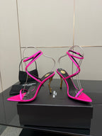 Womens YSL strappy stiletto heels, hot pink with black side panels and gold heel