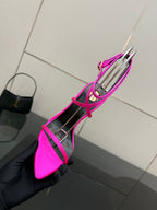 Womens YSL strappy stiletto heel, hot pink toe with black sling strap