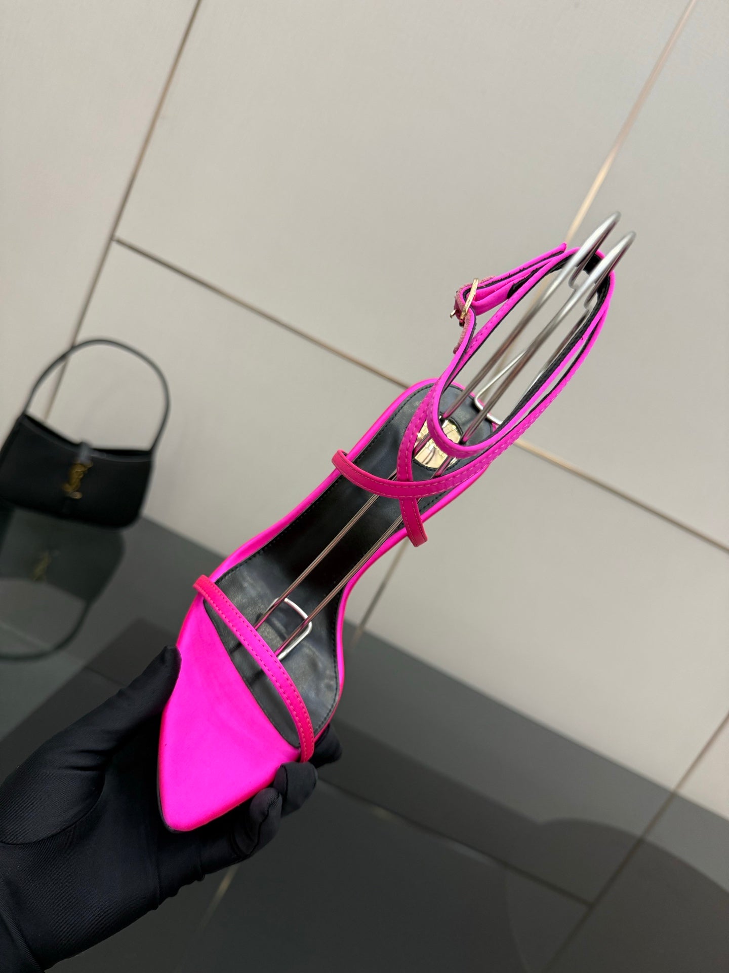 Womens YSL strappy stiletto heel, hot pink toe with black sling strap
