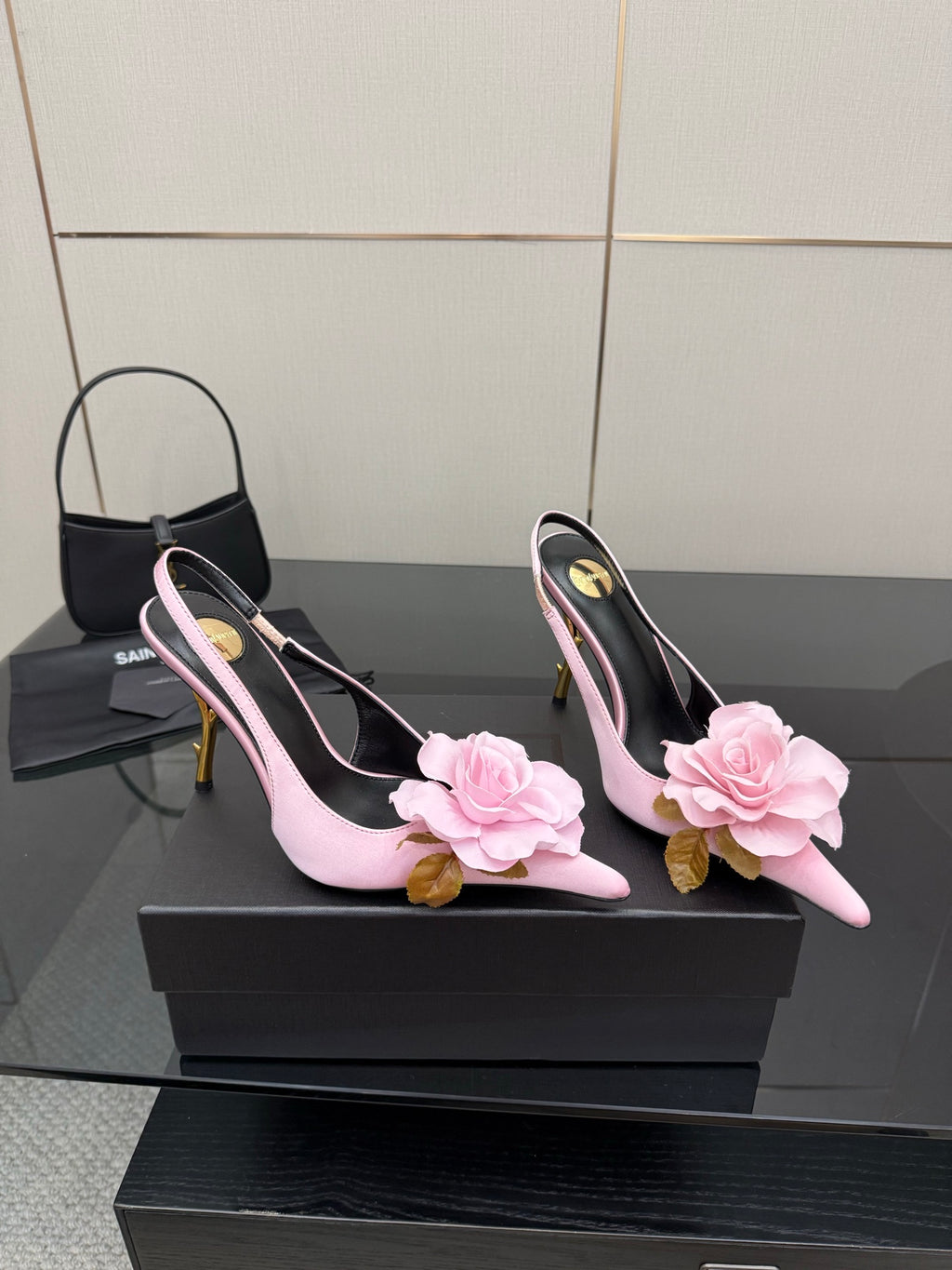 YSL ladies pink slingback heels with flower appliques and gold stiletto heel