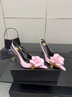 YSL ladies pink slingback heels with flower appliques and gold stiletto heel