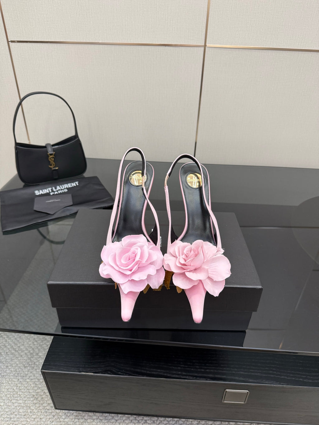 YSL ladies pink pointed-toe heels with pink flower appliques and gold-tone stiletto
