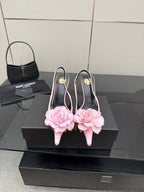 YSL ladies pink pointed-toe heels with pink flower appliques and gold-tone stiletto