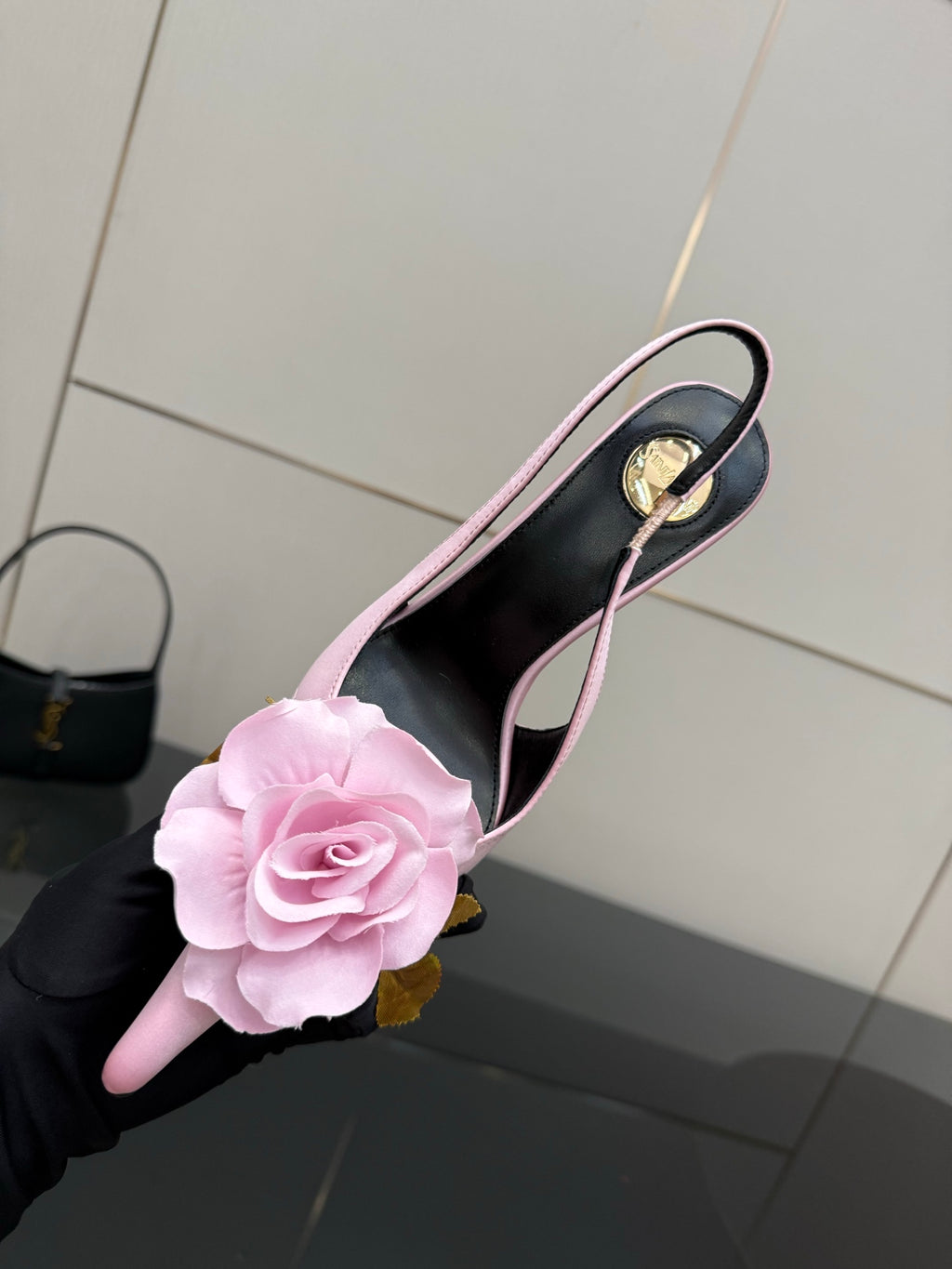 YSL ladies pink slingback heel with large pink rose applique and gold stiletto