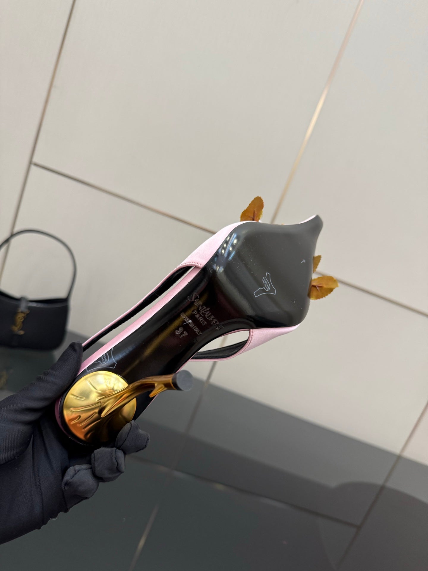 YSL ladies pink slingback heel with flower applique and gold-tone heel tip