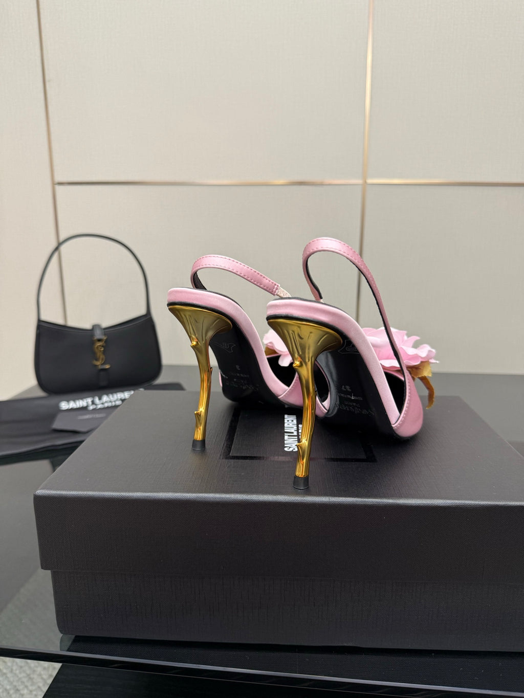 YSL ladies pink slingback heels with pink flowers and gold-tone stiletto heel