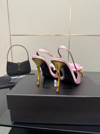YSL ladies pink slingback heels with pink flowers and gold-tone stiletto heel