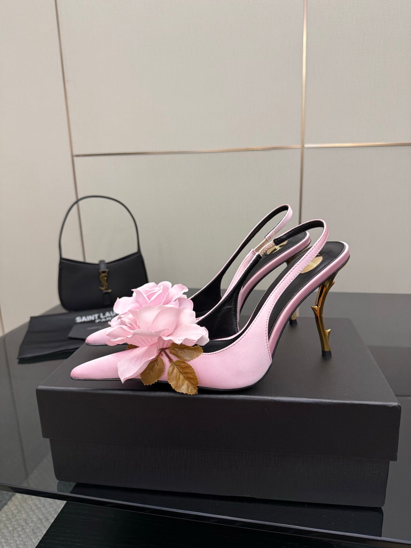 YSL ladies pink slingback heels with pink flower appliques and gold-tone stiletto