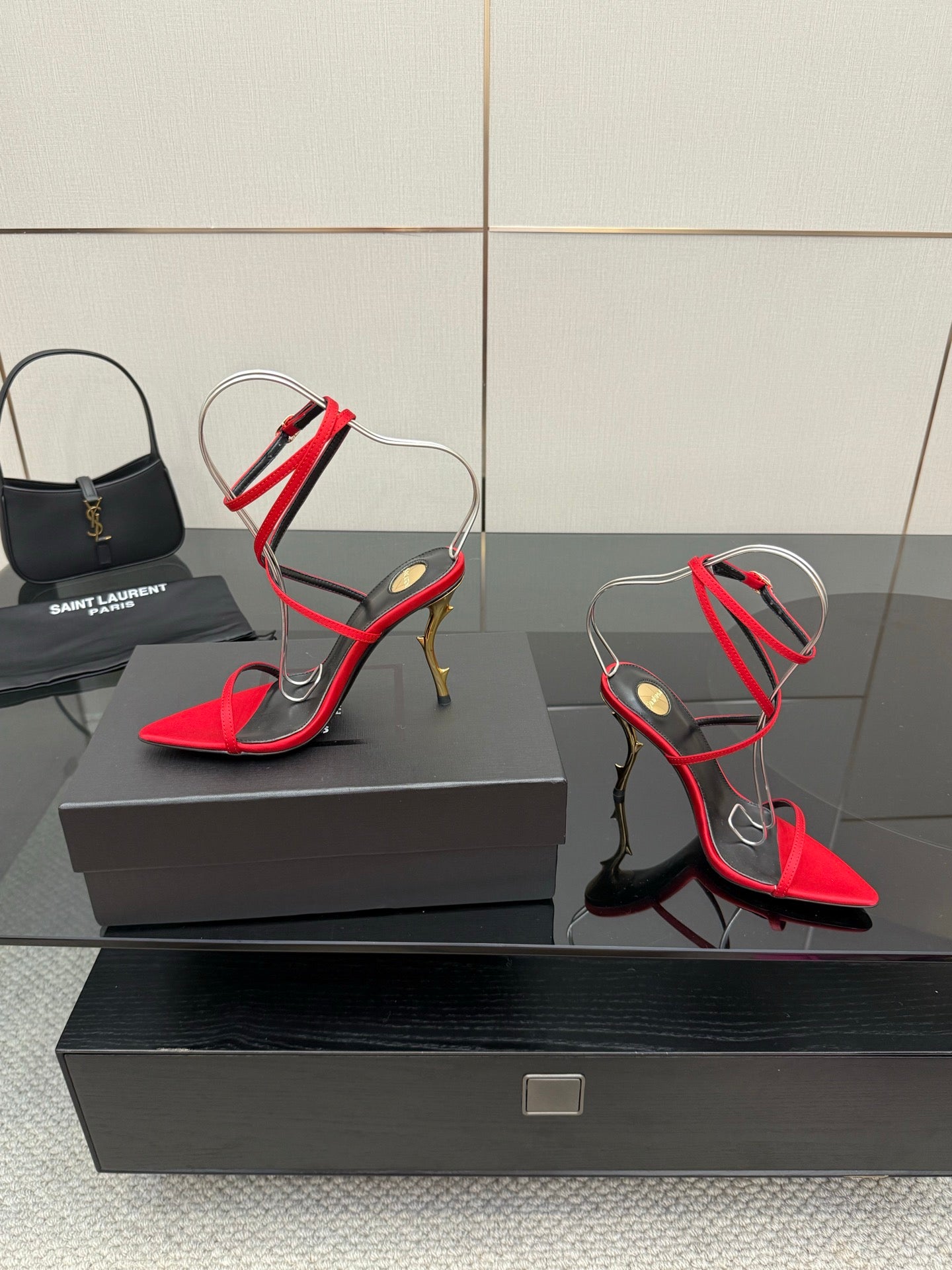YSL ladies two-tone red and black strappy sandals with gold heel, open toe, ankle ties