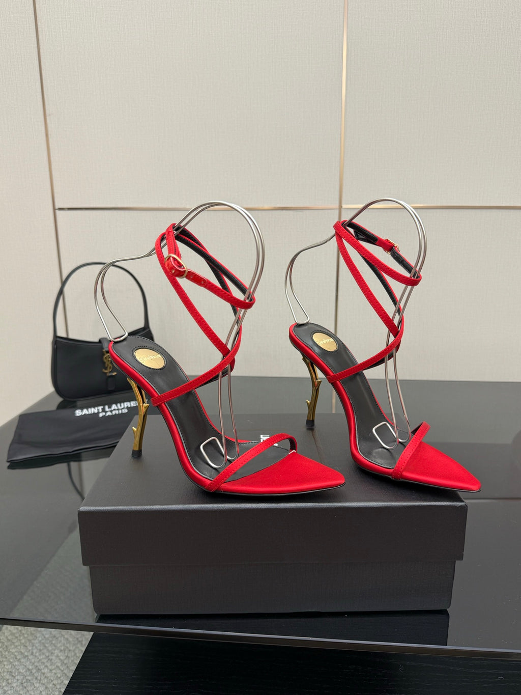YSL ladies stiletto sandals with red toe and black straps, gold high heel, ankle laces