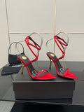 YSL ladies stiletto sandals with red toe and black straps, gold high heel, ankle laces