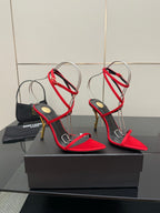 YSL ladies stiletto sandals with red toe and black straps, gold high heel, ankle laces