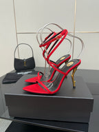 YSL ladies high-heel sandal in red and black with gold stiletto heel and ankle tie straps