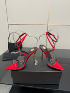 YSL ladies red and black heeled sandals with gold stiletto heel and crisscross ankle straps
