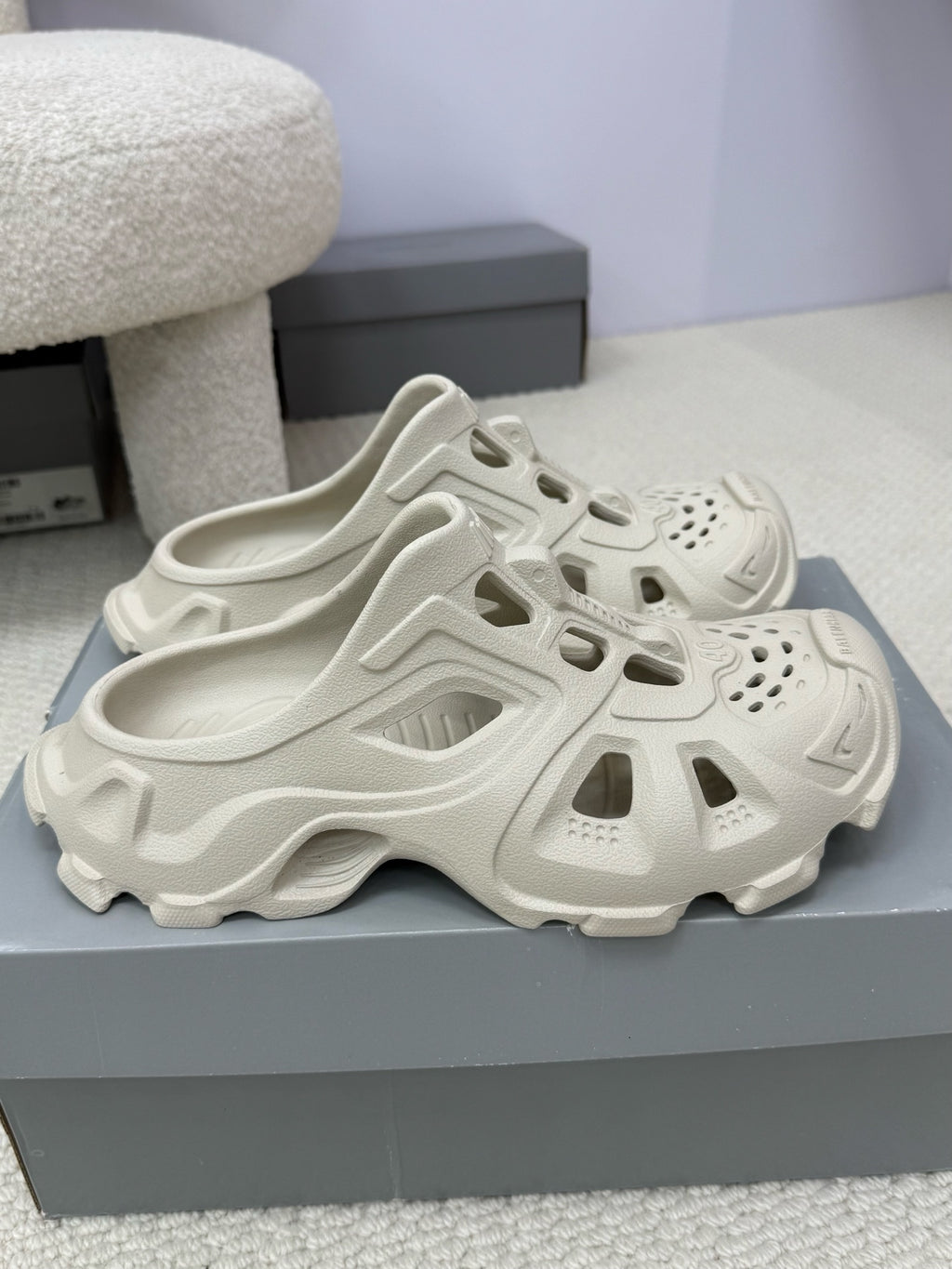 Balenciaga white slide sandals, thick molded sole and vented uppers