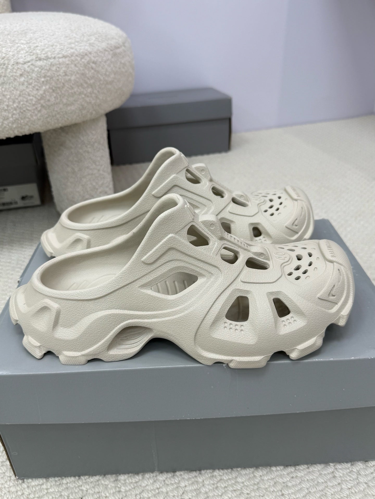 Balenciaga white slide sandals, thick molded sole and vented uppers