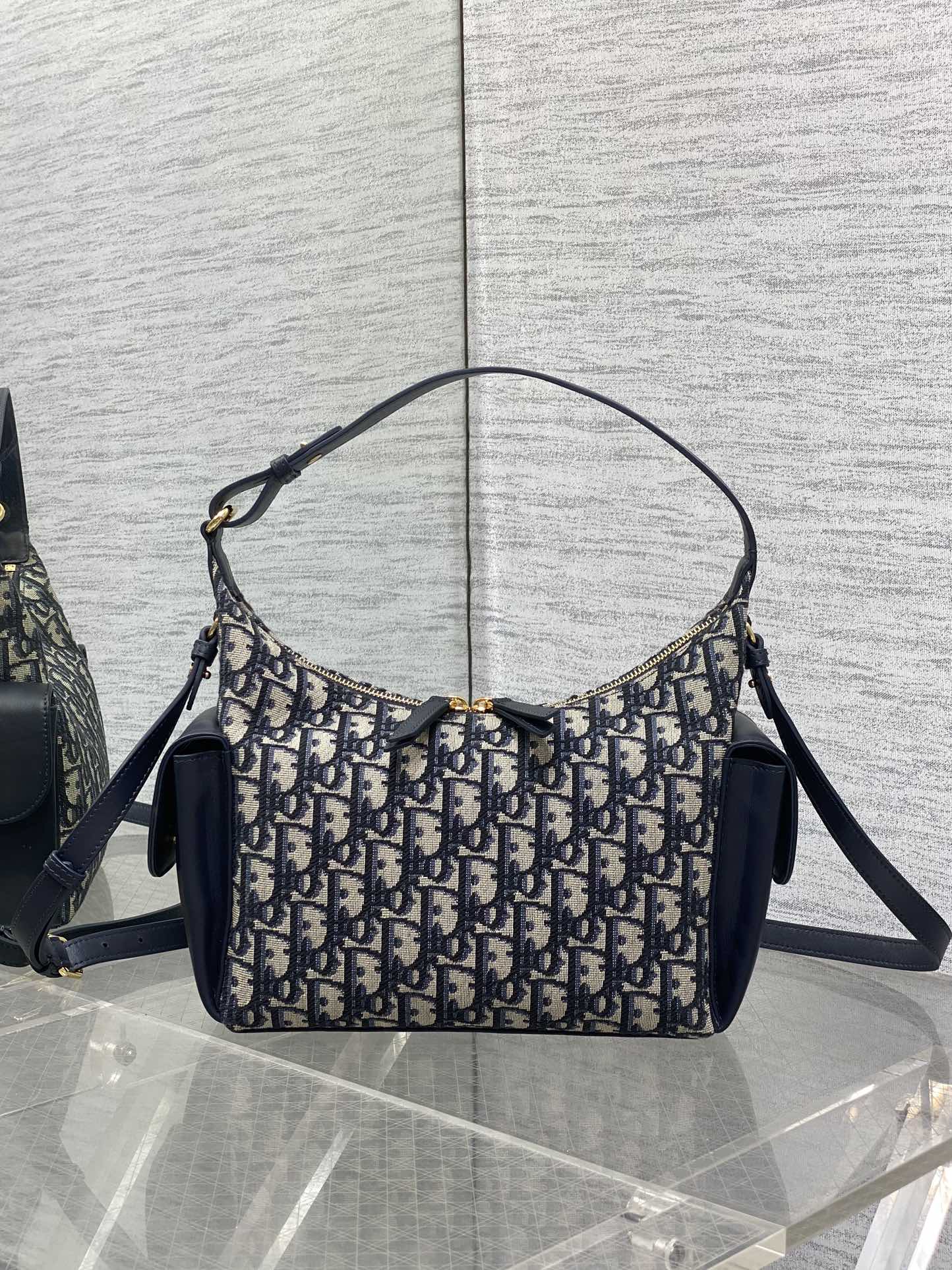 Dior hobo shoulder bag with navy leather trim and Dior Oblique canvas, gold hardware