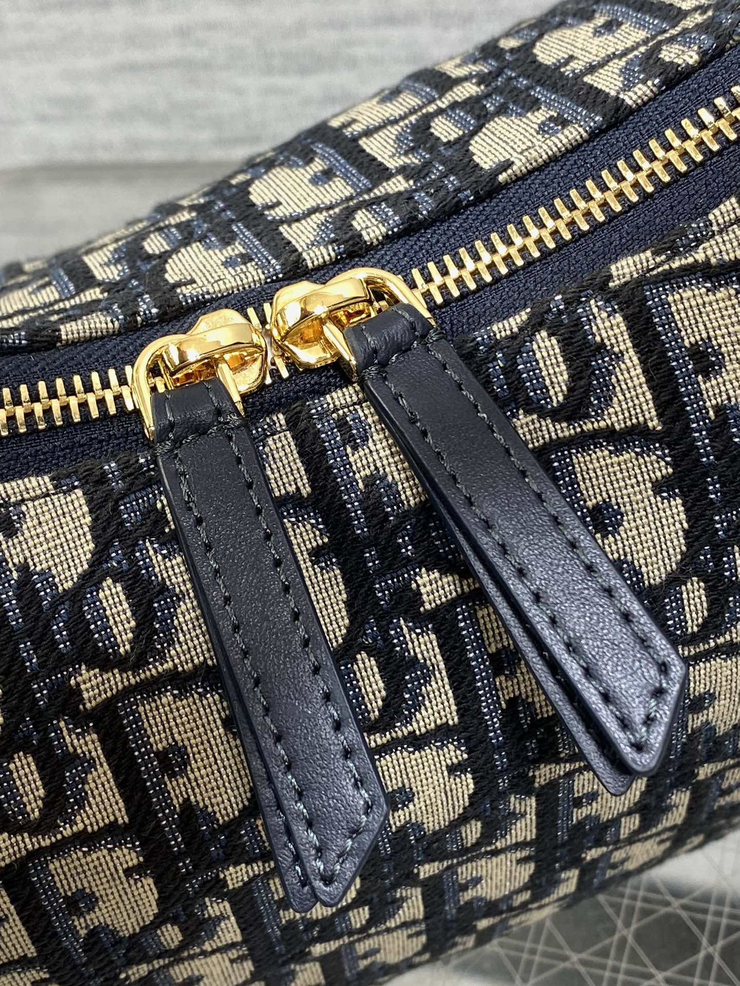Dior Oblique zip pocket detail with navy leather tab and gold zipper, close-up