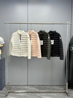 Moncler puffer jacket in light color, hooded with front zipper, quilted puffer baffles