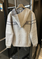 Long cardigan hoodie in heather gray with black stripe and logo lettering