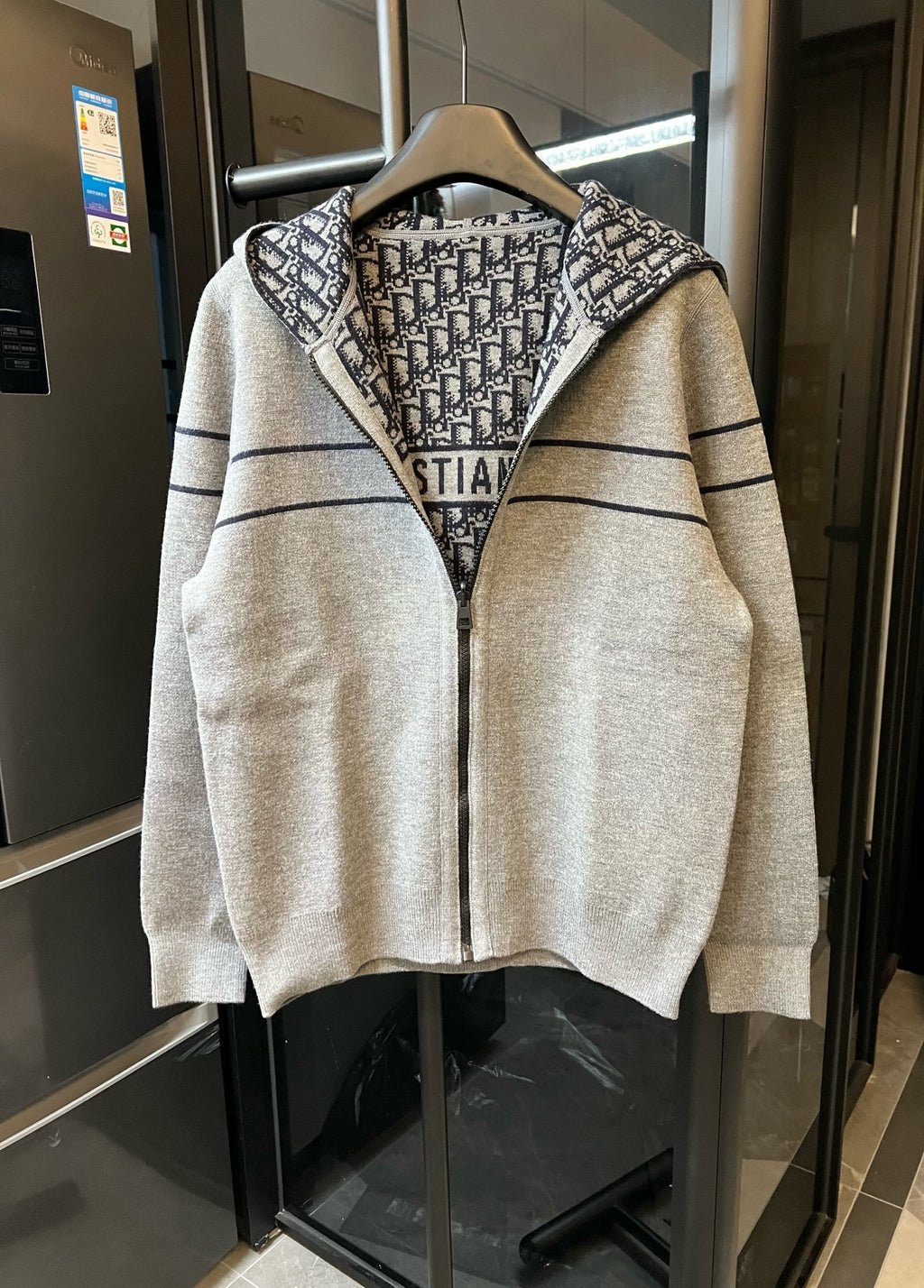 Long zip hoodie cardigan in heather gray with black logo stripe at hood