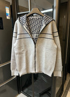 Long zip hoodie cardigan in heather gray with black logo stripe at hood