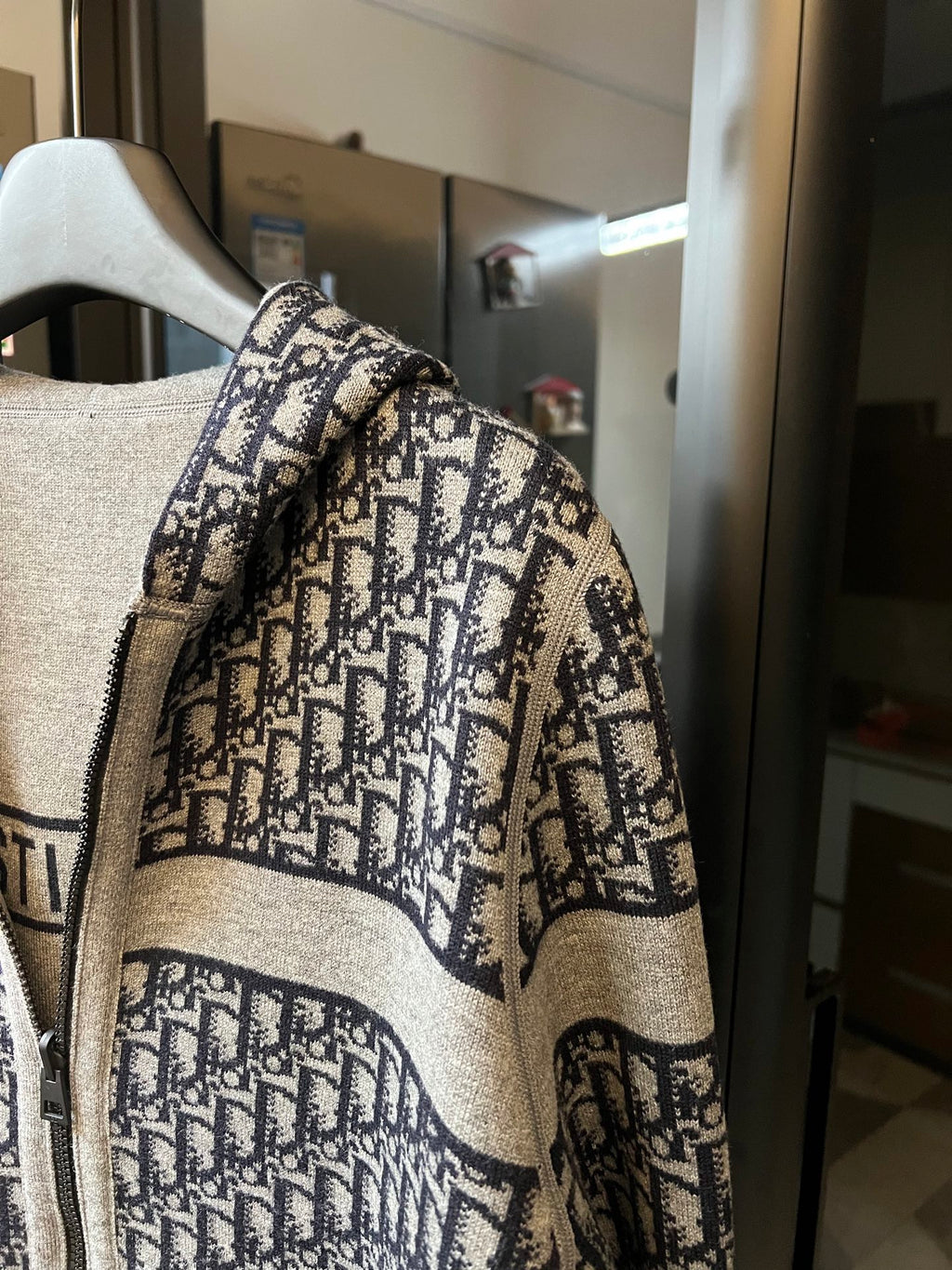 Dior logo knit hood panel for long cardigan, textured monochrome