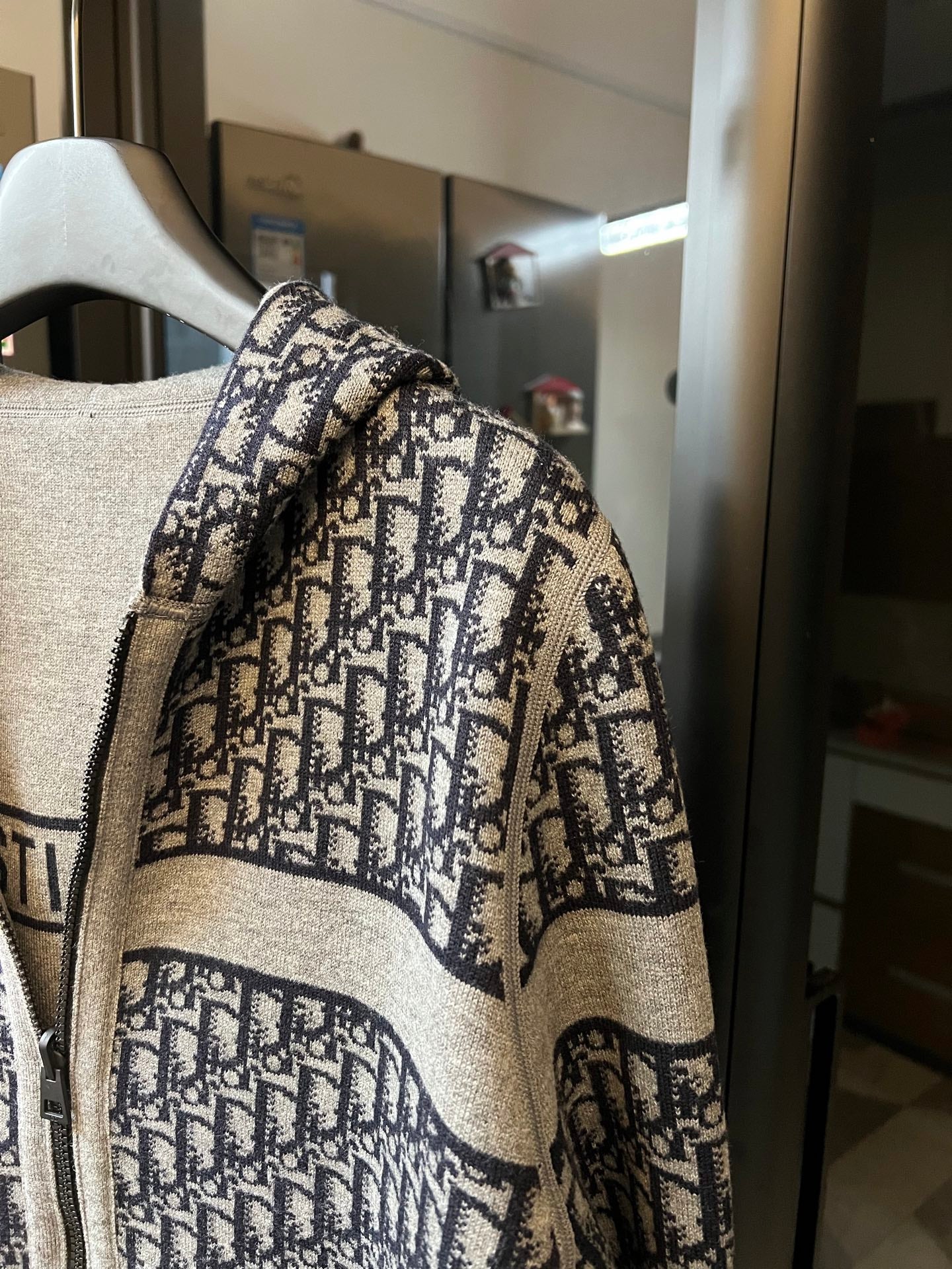 Dior logo knit hood panel for long cardigan, textured monochrome