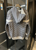 Long cardigan with Dior-style geometric logo knit panels, hooded zip