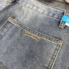 Denim Chrome pants waistband with button fly and stitched logo patch